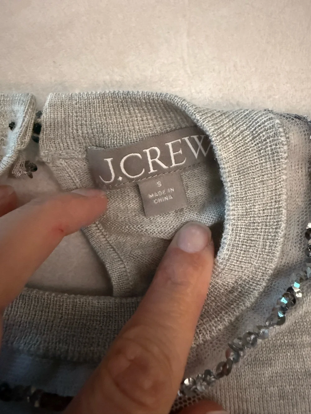 J. Crew Light Gray Bead-Trim Wool Sweater